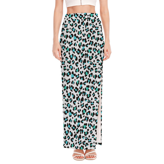 White And Teal Leopard Print High Slit Maxi Skirt