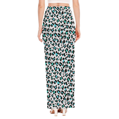 White And Teal Leopard Print High Slit Maxi Skirt