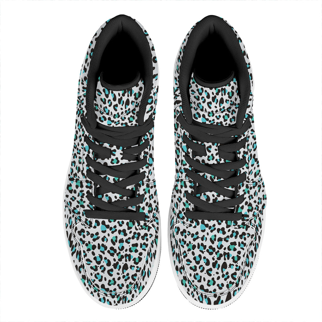 White And Teal Leopard Print High Top Leather Sneakers