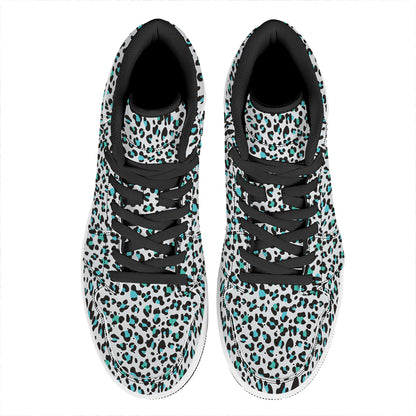 White And Teal Leopard Print High Top Leather Sneakers