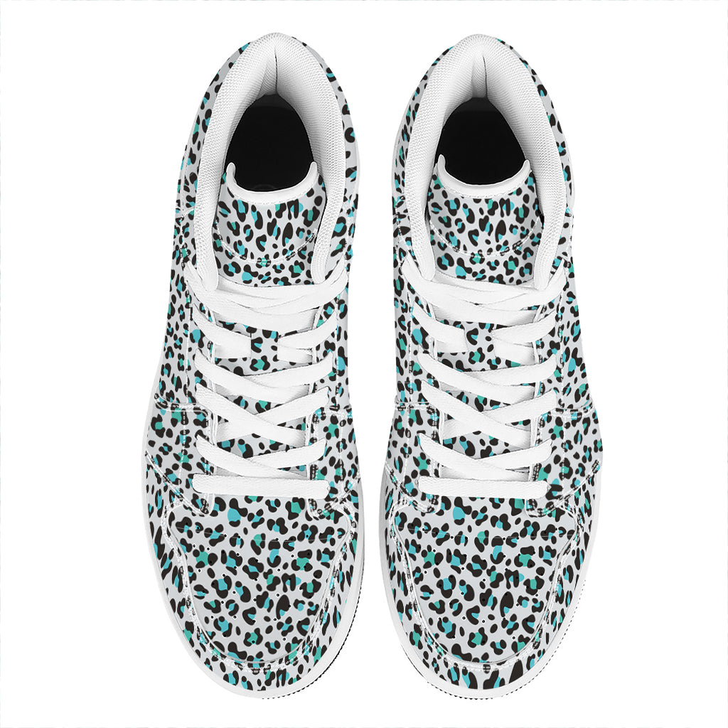 White And Teal Leopard Print High Top Leather Sneakers