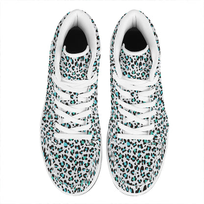 White And Teal Leopard Print High Top Leather Sneakers