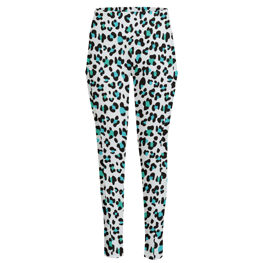 White And Teal Leopard Print High-Waisted Pocket Leggings