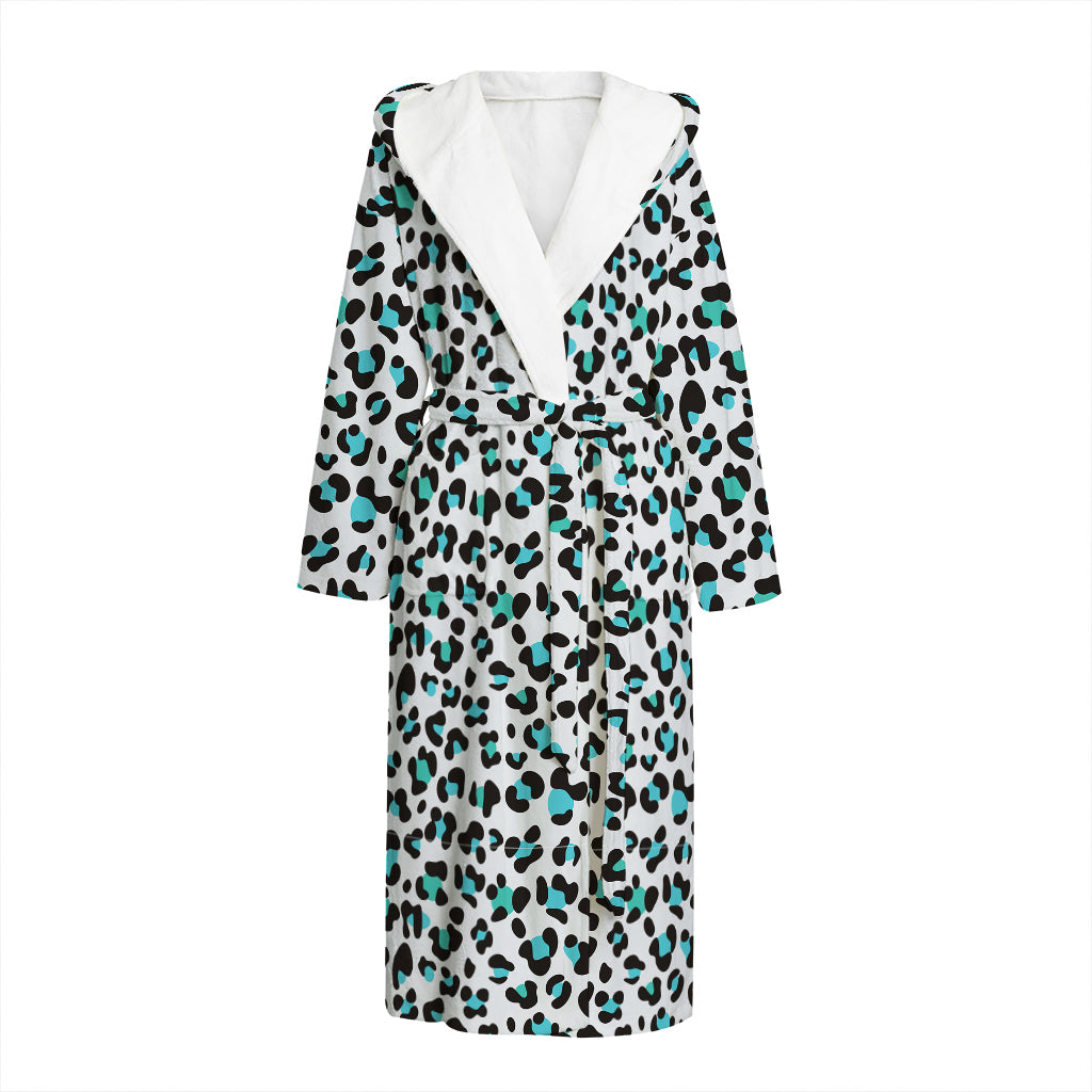 White And Teal Leopard Print Hooded Bathrobe
