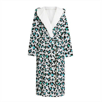 White And Teal Leopard Print Hooded Bathrobe