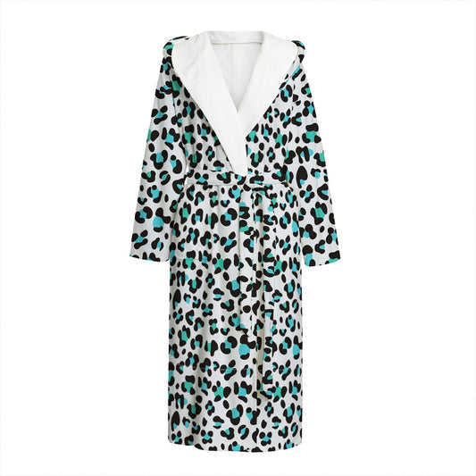 White And Teal Leopard Print Hooded Bathrobe