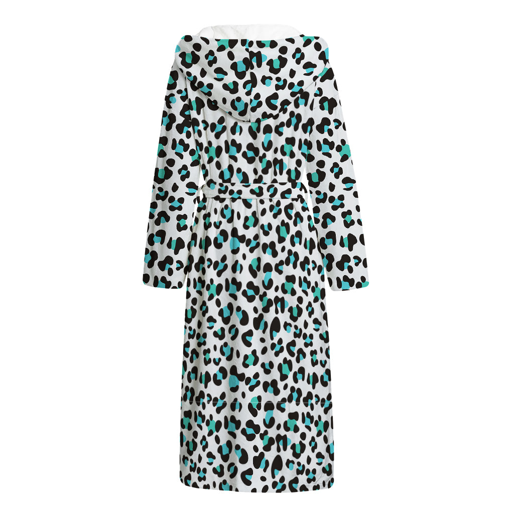 White And Teal Leopard Print Hooded Bathrobe