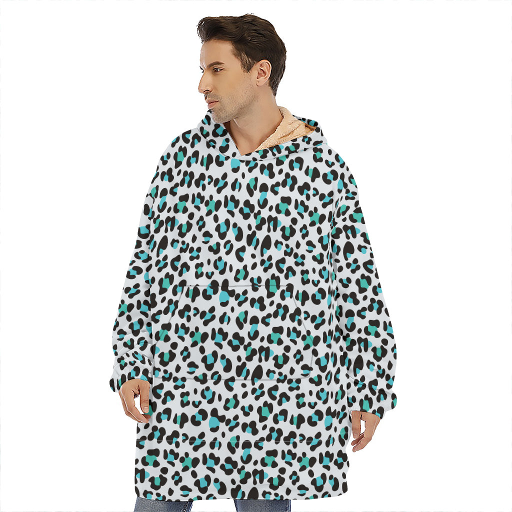 White And Teal Leopard Print Hoodie Blanket