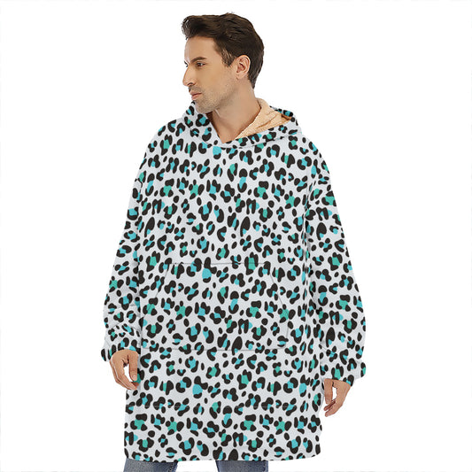 White And Teal Leopard Print Hoodie Blanket