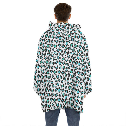 White And Teal Leopard Print Hoodie Blanket