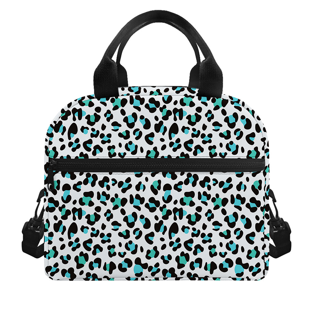 White And Teal Leopard Print Insulated Lunch Bag
