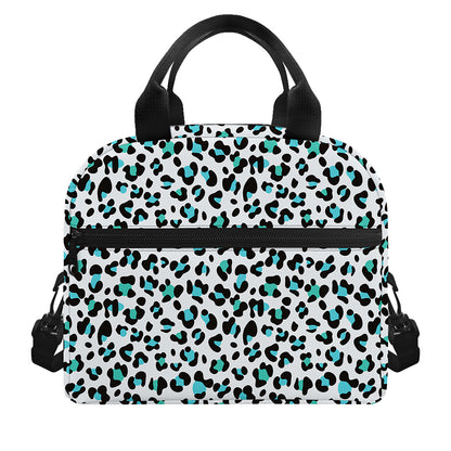 White And Teal Leopard Print Insulated Lunch Bag