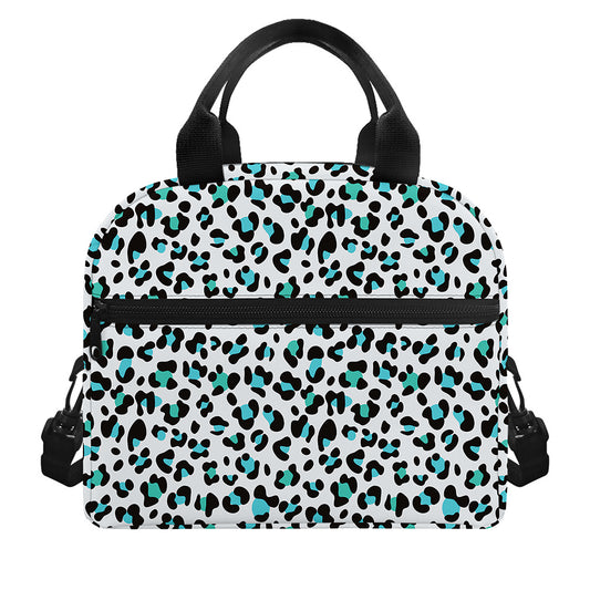 White And Teal Leopard Print Insulated Lunch Bag