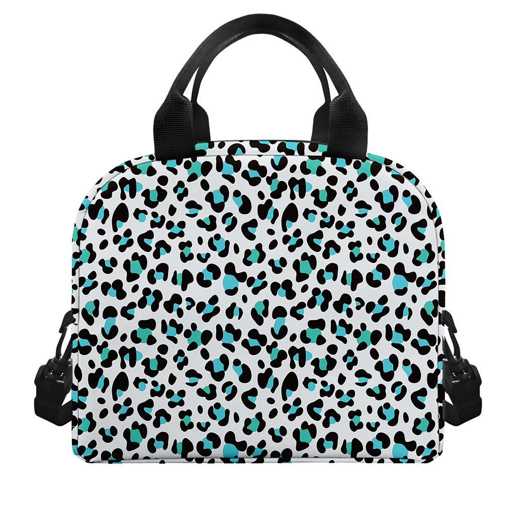 White And Teal Leopard Print Insulated Lunch Bag