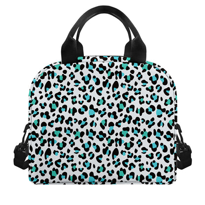 White And Teal Leopard Print Insulated Lunch Bag
