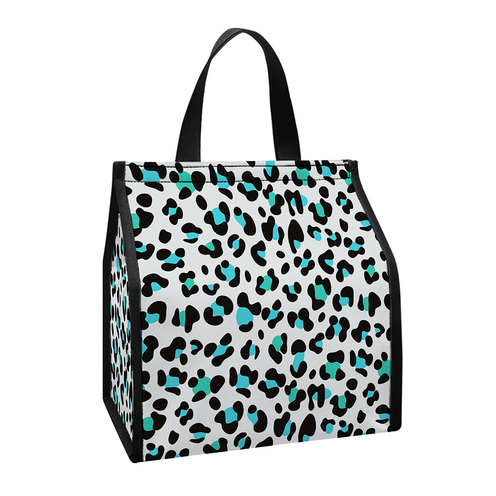 White And Teal Leopard Print Insulated Lunch Tote