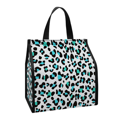 White And Teal Leopard Print Insulated Lunch Tote