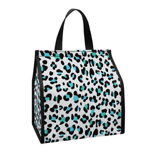 White And Teal Leopard Print Insulated Lunch Tote