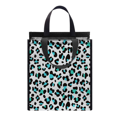 White And Teal Leopard Print Insulated Lunch Tote