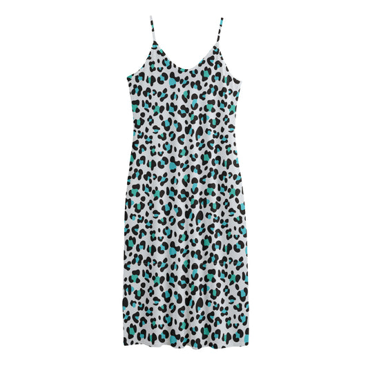 White And Teal Leopard Print Jersey Midi Cami Dress