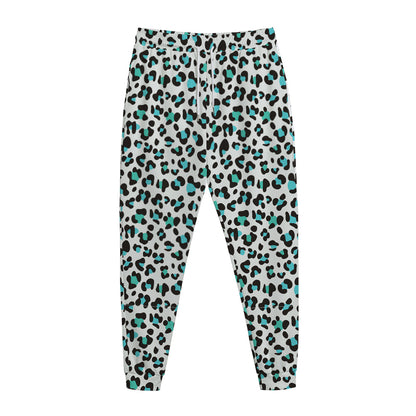 White And Teal Leopard Print Jogger Pants