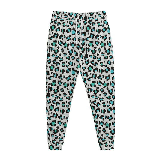 White And Teal Leopard Print Jogger Pants