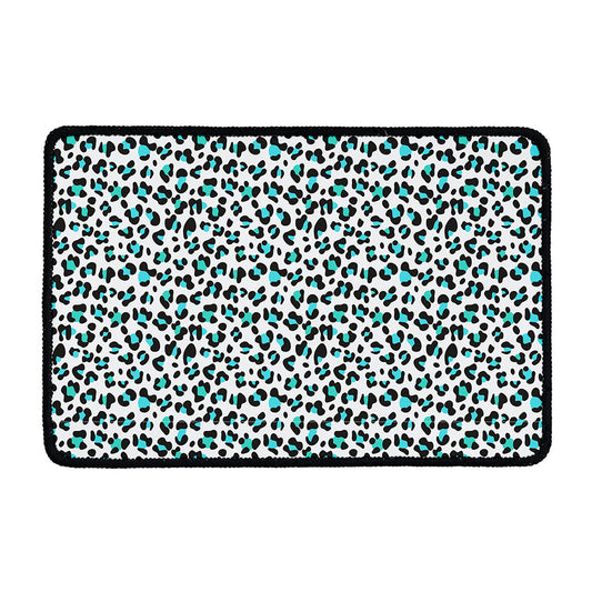 White And Teal Leopard Print Kitchen Mat