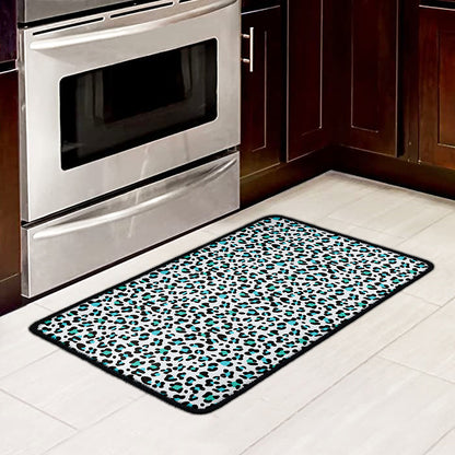 White And Teal Leopard Print Kitchen Mat
