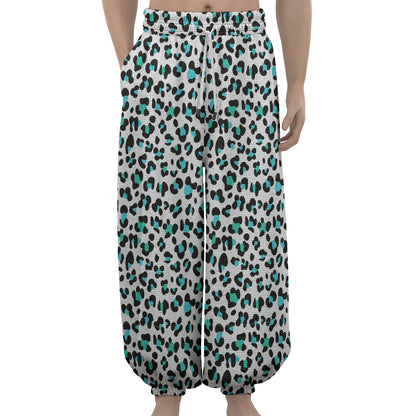 White And Teal Leopard Print Lantern Pants