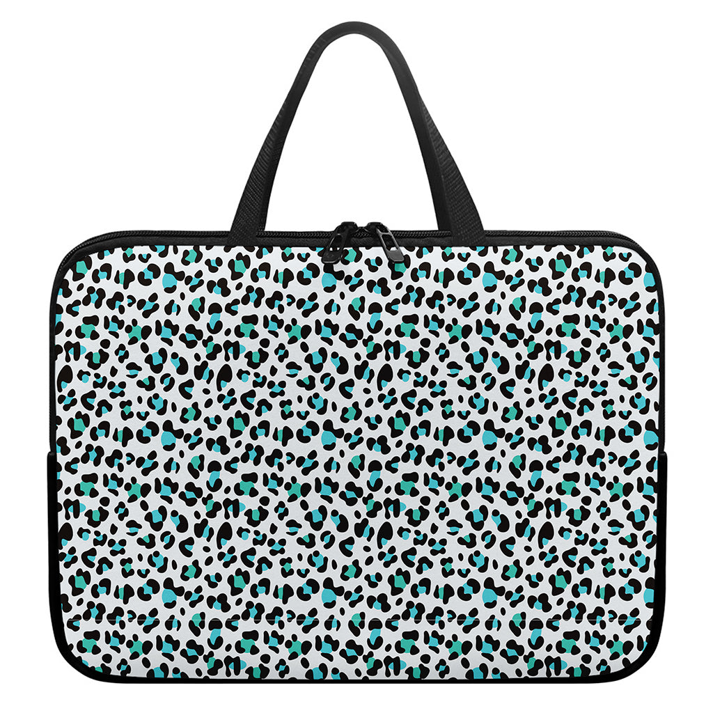 White And Teal Leopard Print Laptop Sleeve With Handle