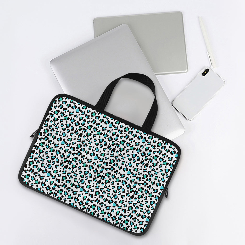 White And Teal Leopard Print Laptop Sleeve With Handle