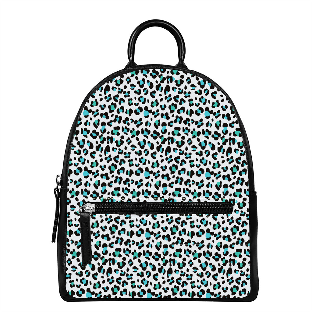 White And Teal Leopard Print Leather Backpack