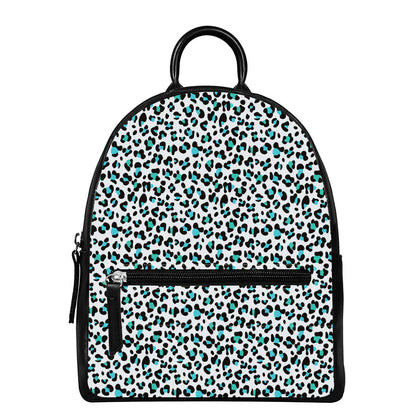 White And Teal Leopard Print Leather Backpack