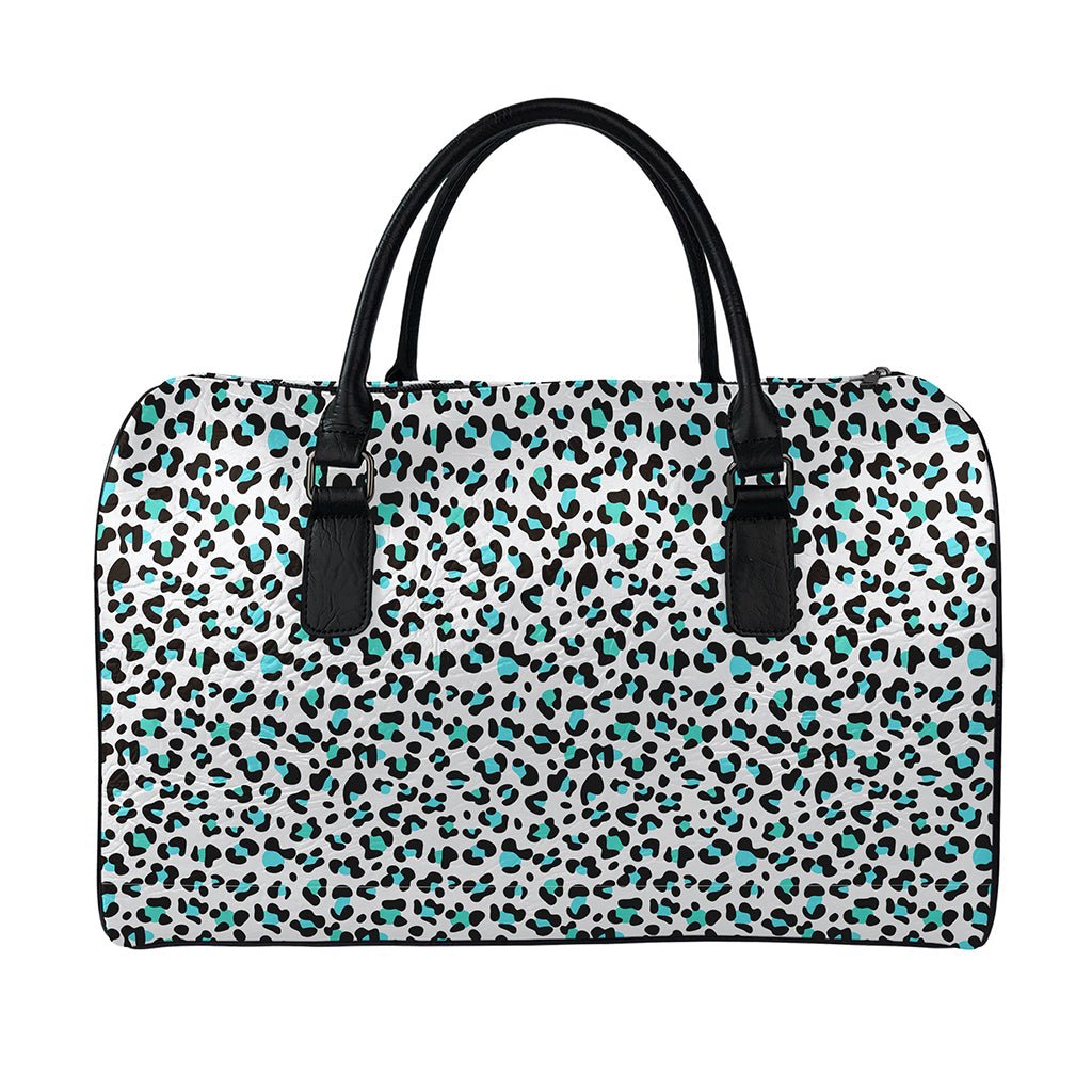 White And Teal Leopard Print Leather Duffle Bag