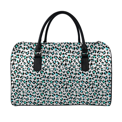 White And Teal Leopard Print Leather Duffle Bag