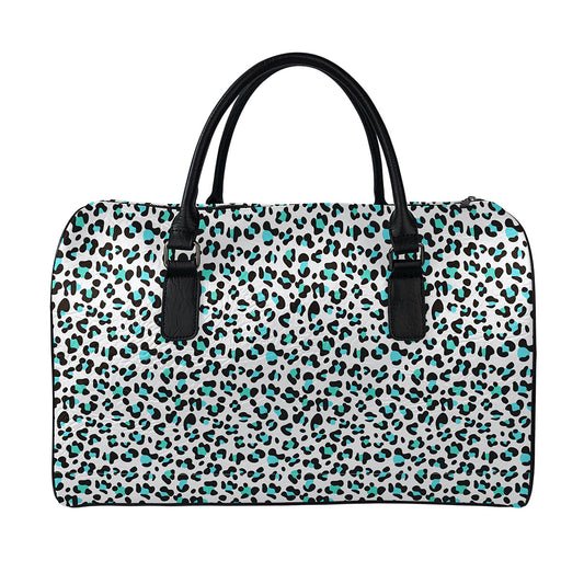White And Teal Leopard Print Leather Duffle Bag