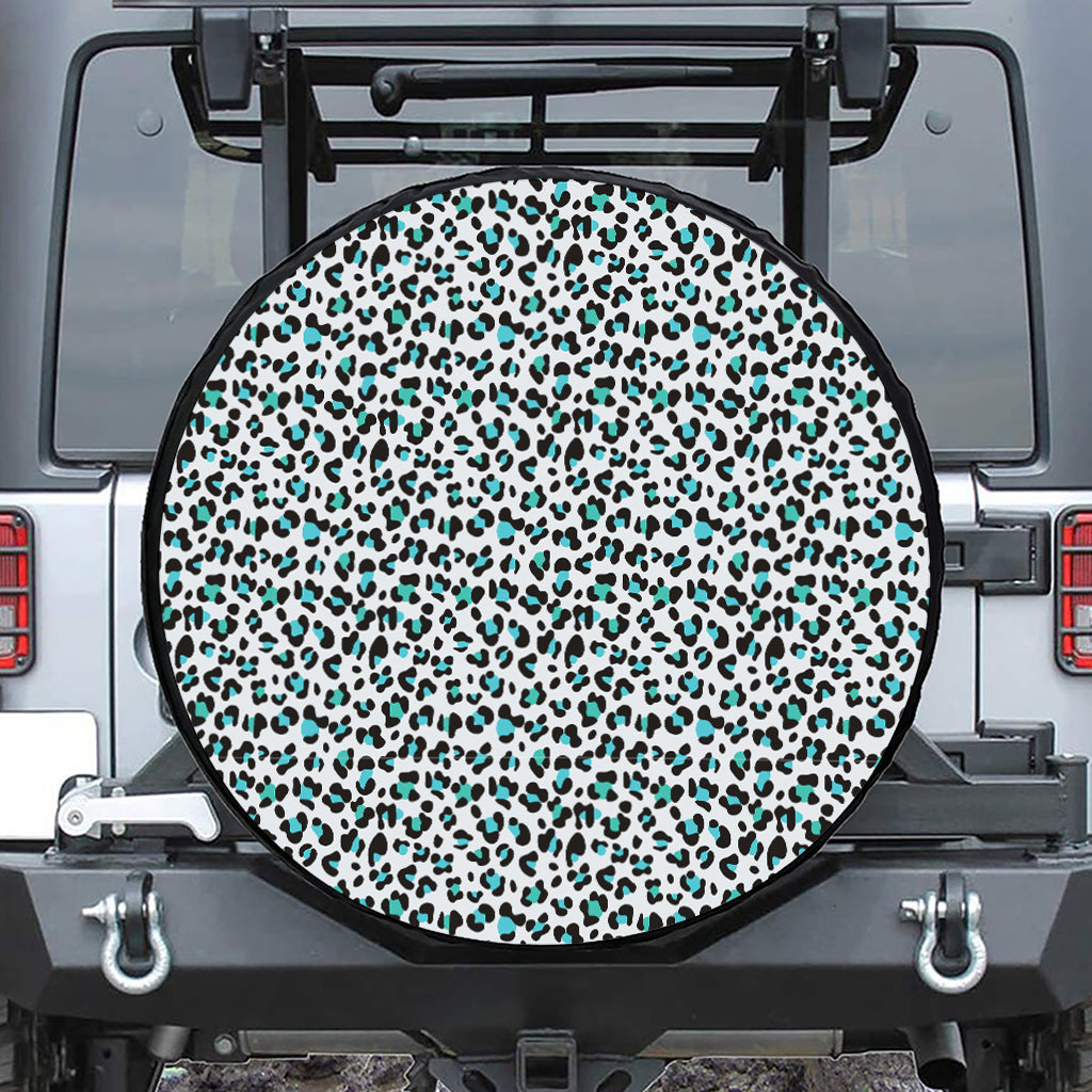 White And Teal Leopard Print Leather Spare Tire Cover