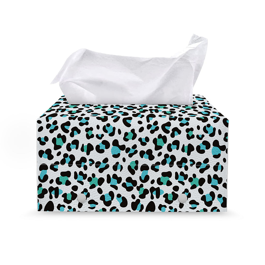 White And Teal Leopard Print Leather Tissue Box Cover
