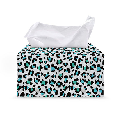 White And Teal Leopard Print Leather Tissue Box Cover