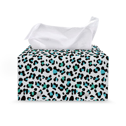 White And Teal Leopard Print Leather Tissue Box Cover