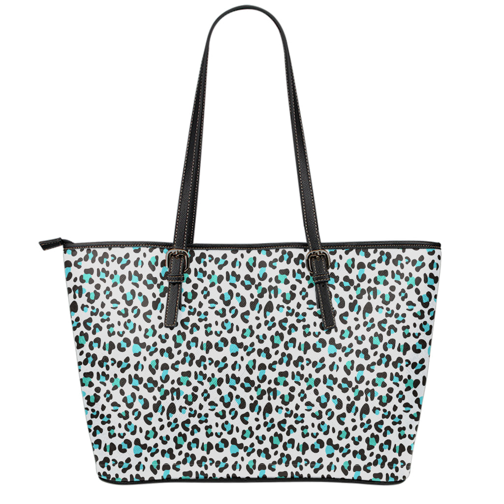 White And Teal Leopard Print Leather Tote Bag