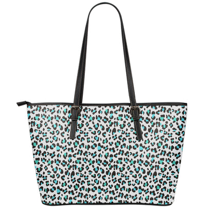 White And Teal Leopard Print Leather Tote Bag