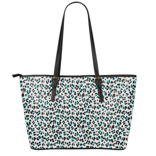 White And Teal Leopard Print Leather Tote Bag