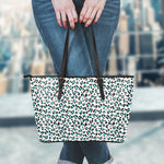 White And Teal Leopard Print Leather Tote Bag