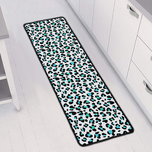White And Teal Leopard Print Long Kitchen Mat