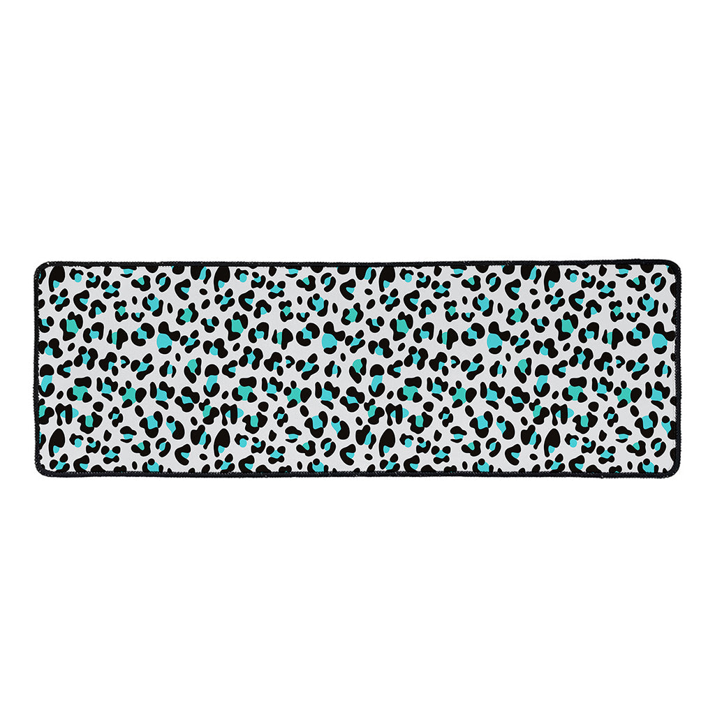 White And Teal Leopard Print Long Kitchen Mat