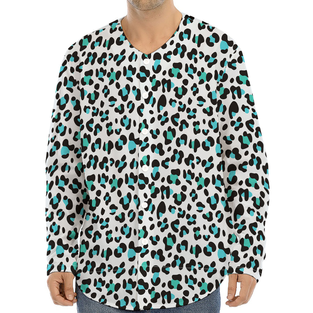 White And Teal Leopard Print Long Sleeve Baseball Jersey