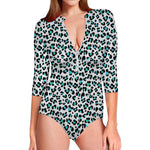 White And Teal Leopard Print Long Sleeve Swimsuit