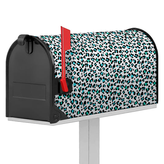 White And Teal Leopard Print Mailbox Cover