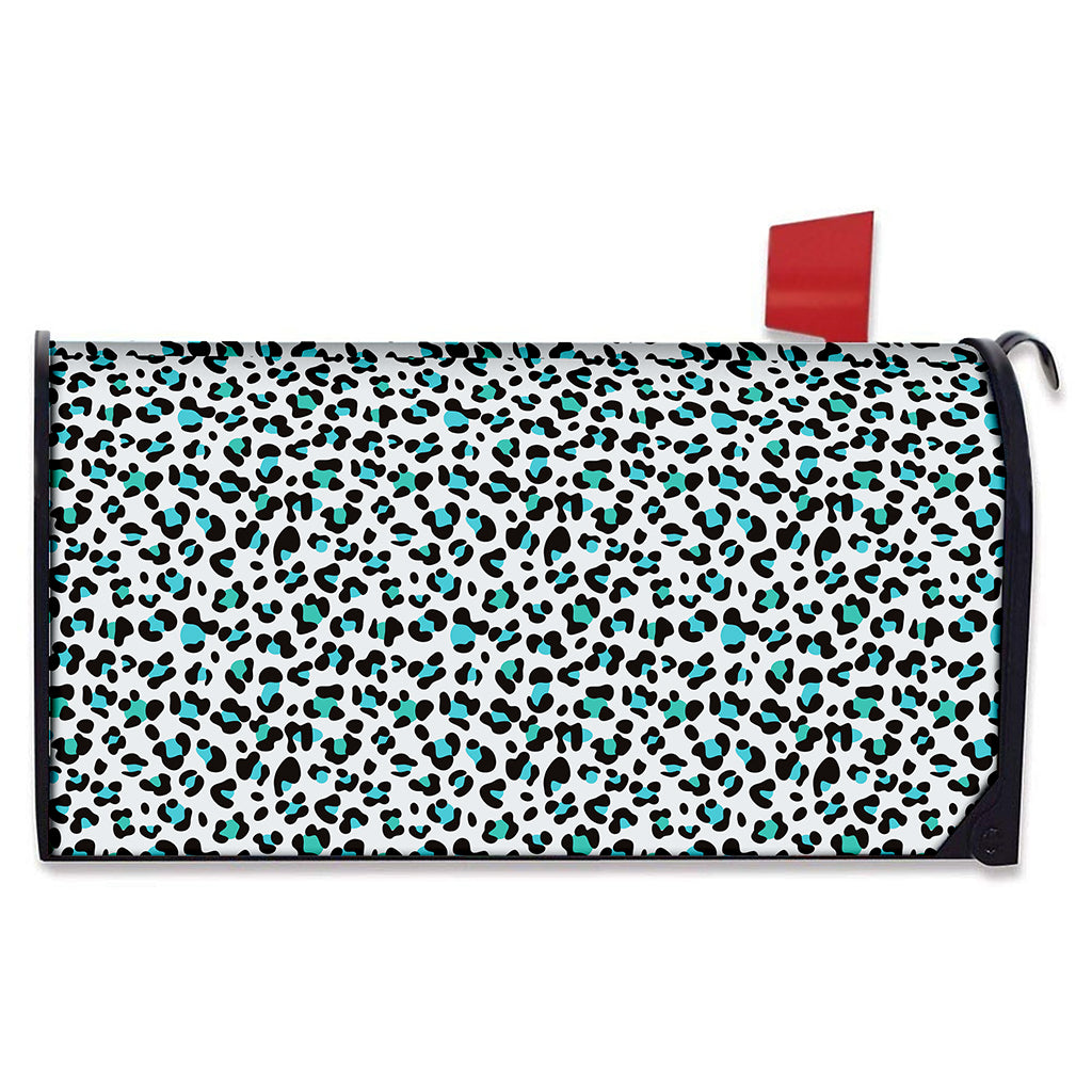 White And Teal Leopard Print Mailbox Cover